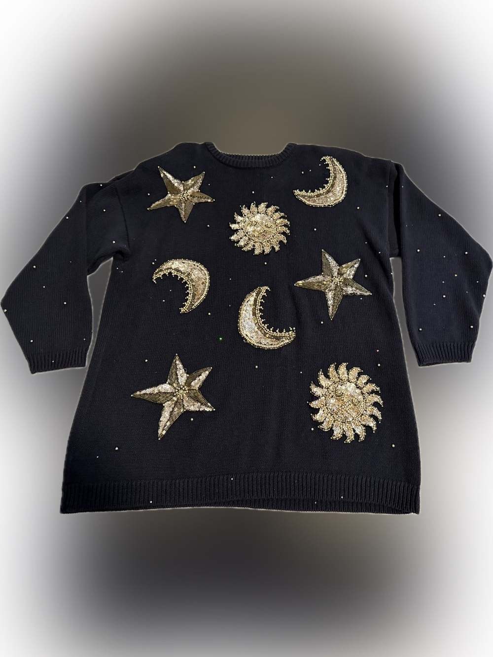 MARISA CHRISTINA Sweater Vtg Embellished Gold Star Sun Moon Black Halloween